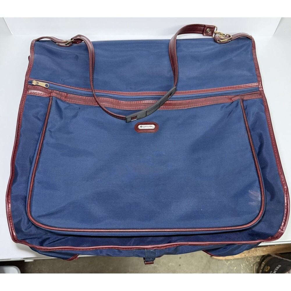 Samsonite Hanging Garment Bag Travel Luggage Blue Nylon Brown Trim Handle VNT
